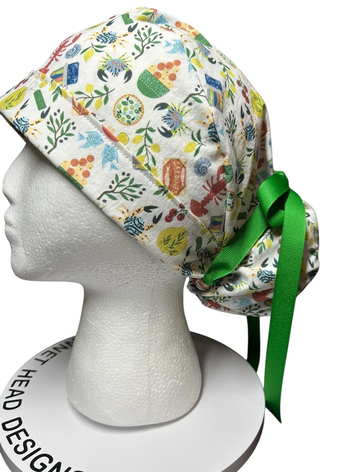 Olive Love You Women’s Ponytail Scrub Cap | fun lobster scrub hat with satin lining option