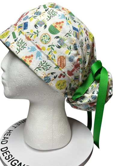 Olive Love You Women’s Ponytail Scrub Cap | fun lobster scrub hat with satin lining option