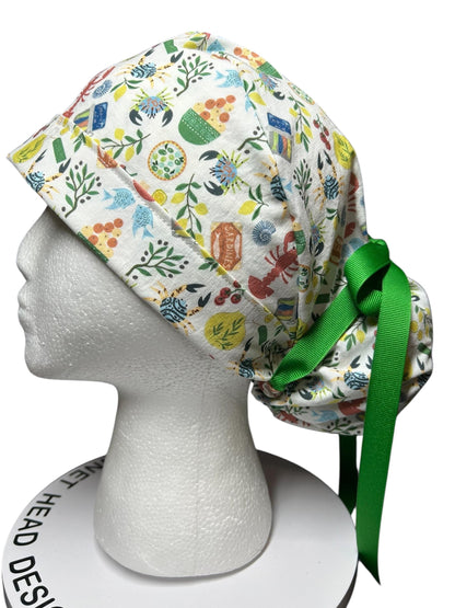 Olive Love You Women’s Ponytail Scrub Cap | fun lobster scrub hat with satin lining option