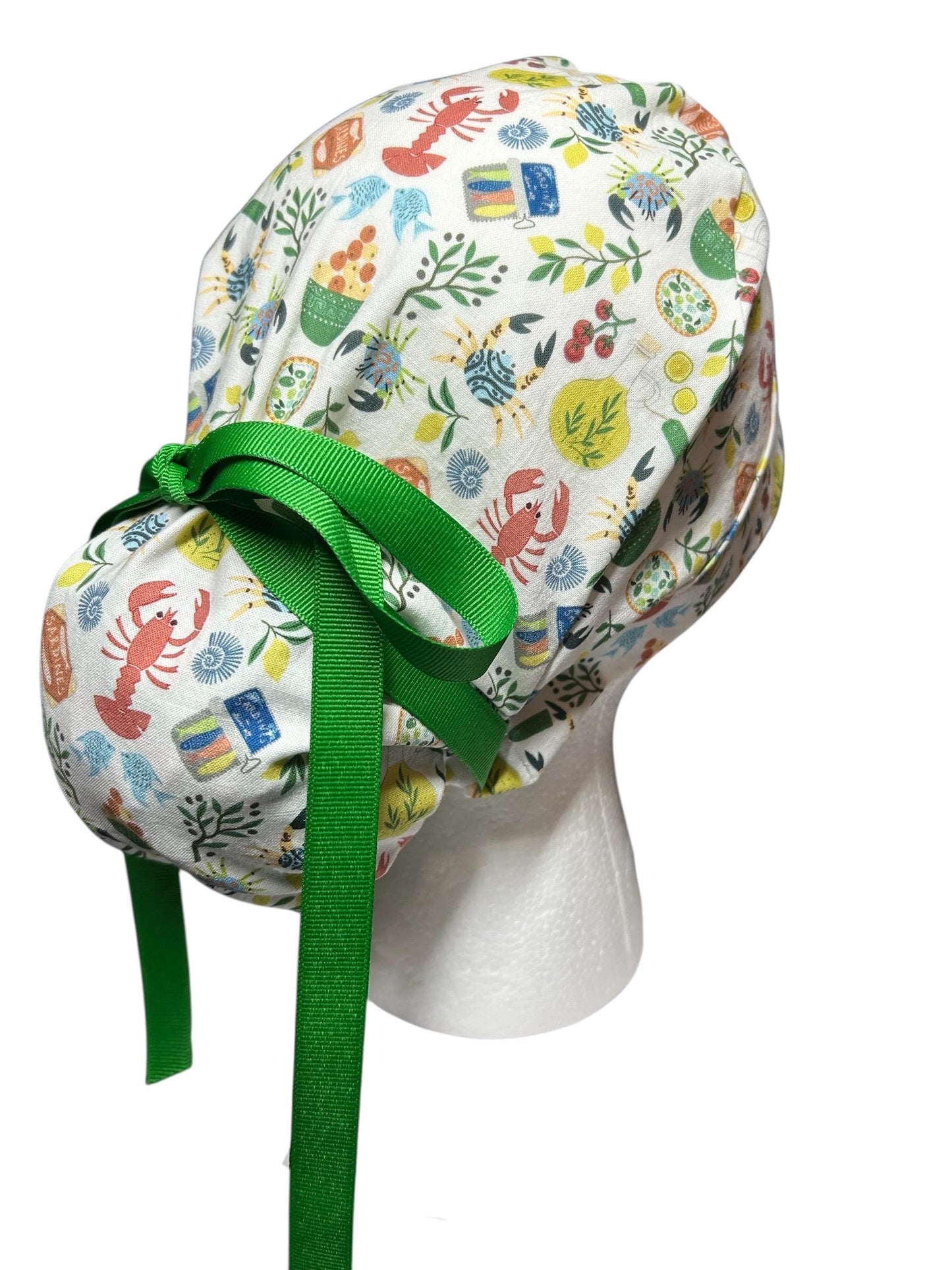 Olive Love You Women’s Ponytail Scrub Cap | fun lobster scrub hat with satin lining option