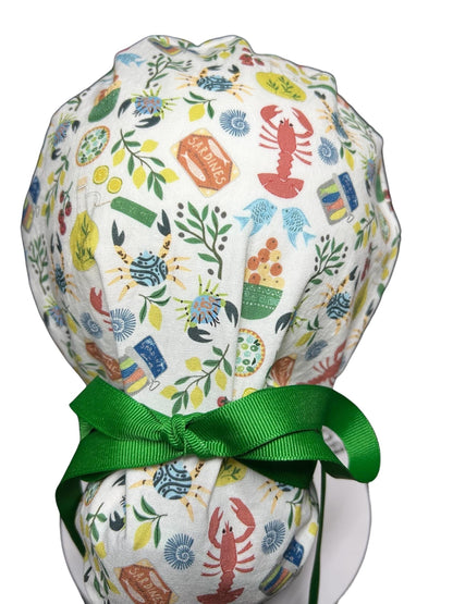 Olive Love You Women’s Ponytail Scrub Cap | fun lobster scrub hat with satin lining option