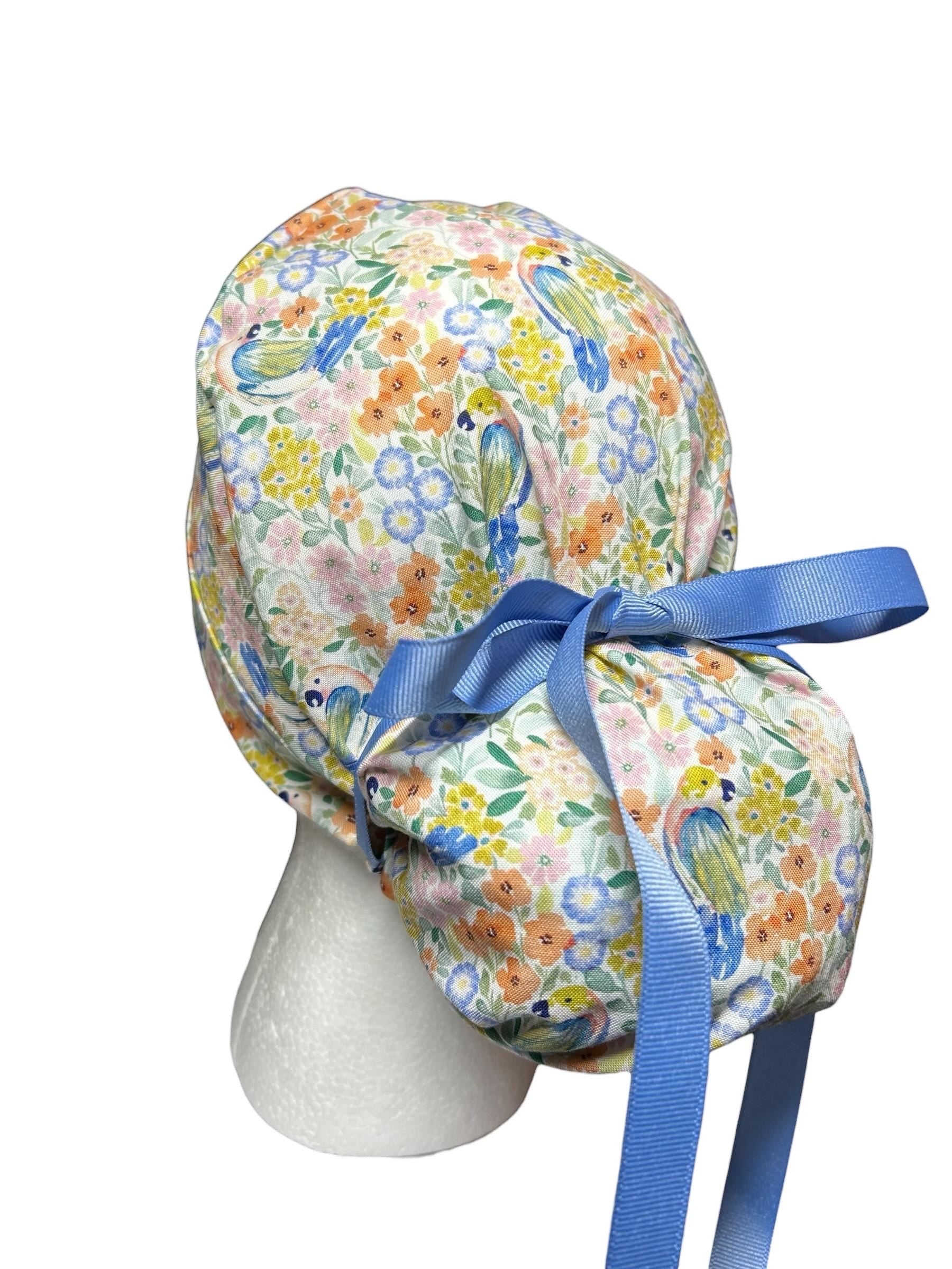 Ponytail Scrub Cap for Women | Floral Scrub Hat for Long Hair | Satin Lined Surgical Cap | Nurse & Vet Tech Gift