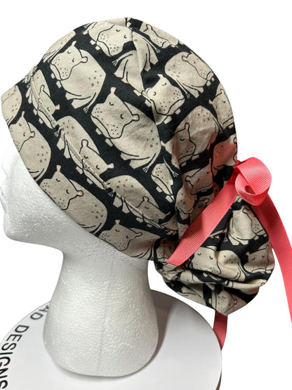 Weary Hippo Ponytail Scrub Cap- women’s scrub hat with optional satin lining, nurses week gift