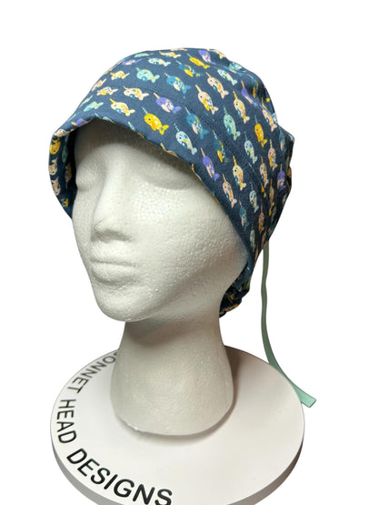 Mini narwhals Ponytail Scrub Cap- women’s scrub hat with optional satin lining