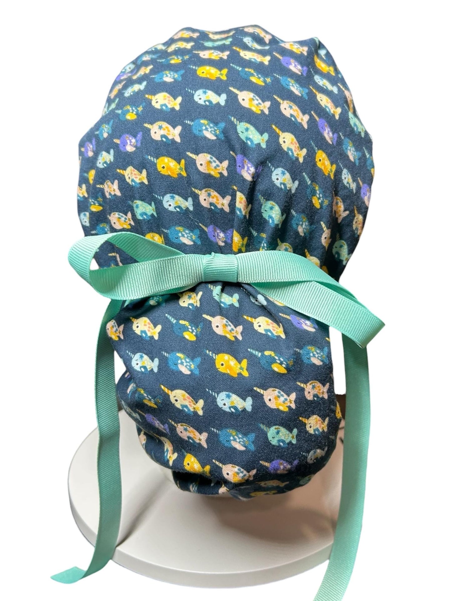 Mini narwhals Ponytail Scrub Cap- women’s scrub hat with optional satin lining