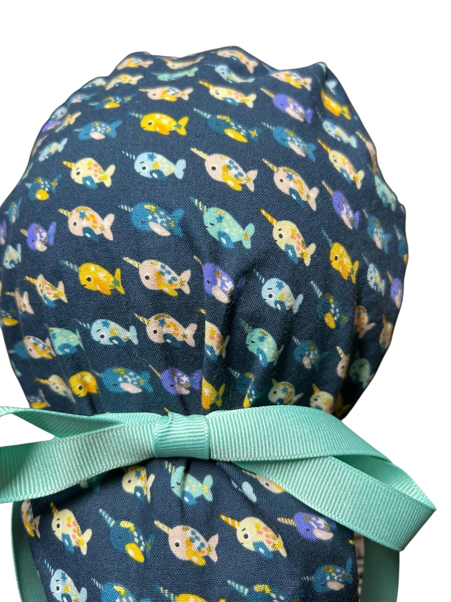 Mini narwhals Ponytail Scrub Cap- women’s scrub hat with optional satin lining