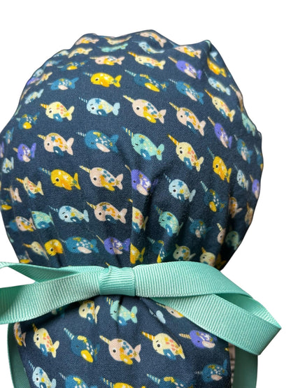 Mini narwhals Ponytail Scrub Cap- women’s scrub hat with optional satin lining