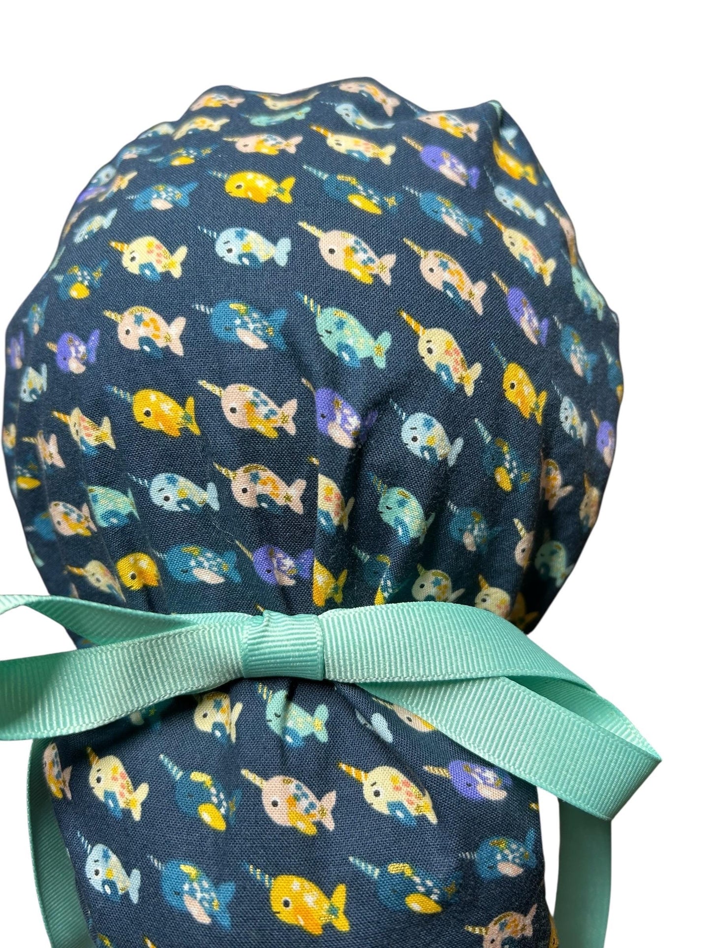 Mini narwhals Ponytail Scrub Cap- women’s scrub hat with optional satin lining