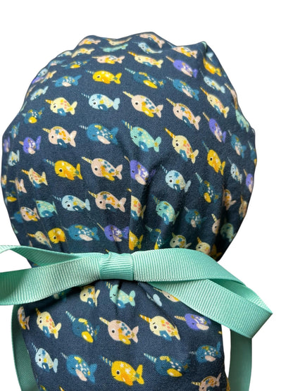 Mini narwhals Ponytail Scrub Cap- women’s scrub hat with optional satin lining