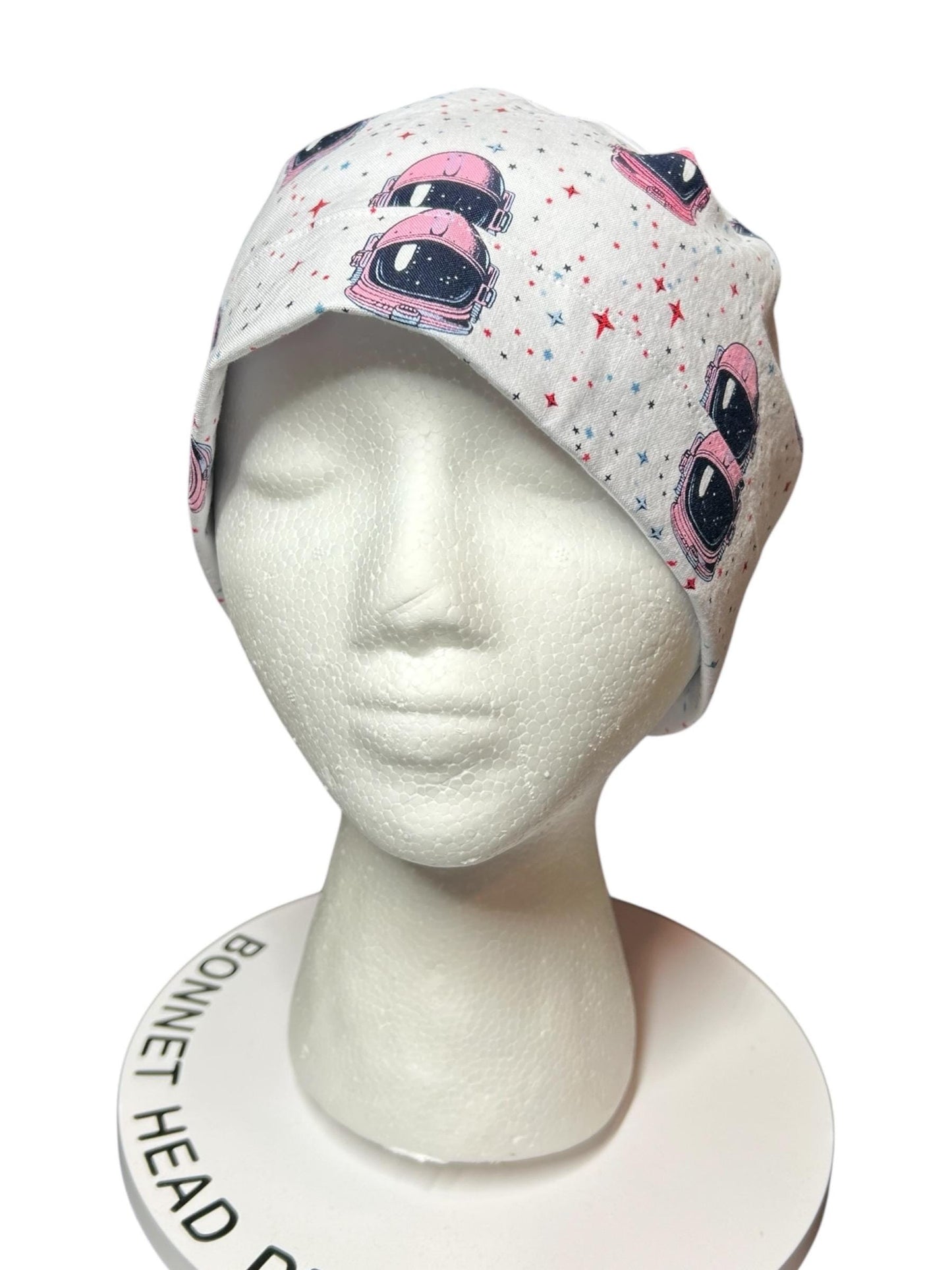Pink Astronaut scrub cap- cute women’s ponytail scrub hat with ribbon ties and optional satin lining