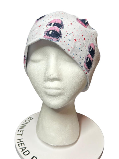 Pink Astronaut scrub cap- cute women’s ponytail scrub hat with ribbon ties and optional satin lining