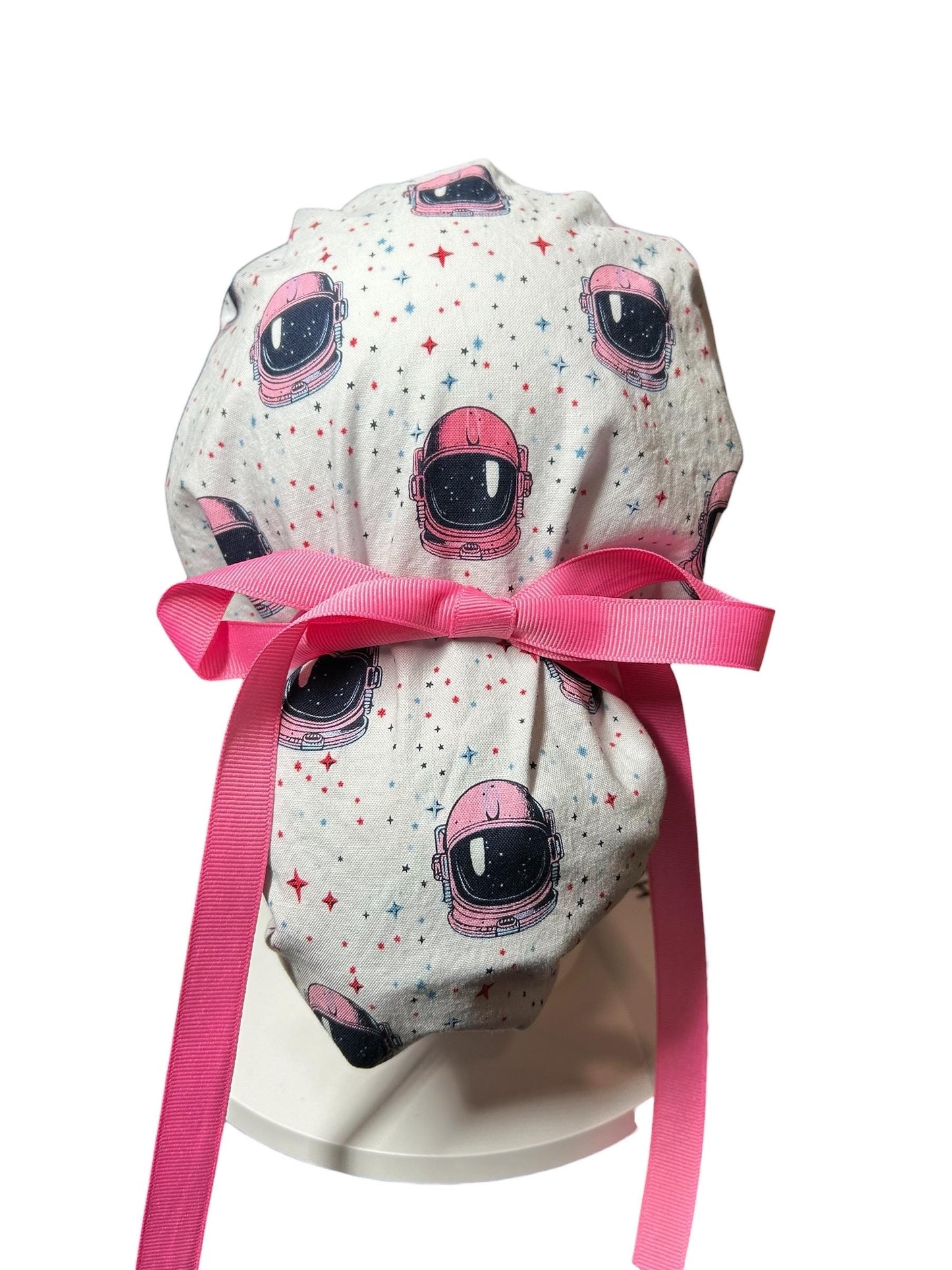 Pink Astronaut scrub cap- cute women’s ponytail scrub hat with ribbon ties and optional satin lining