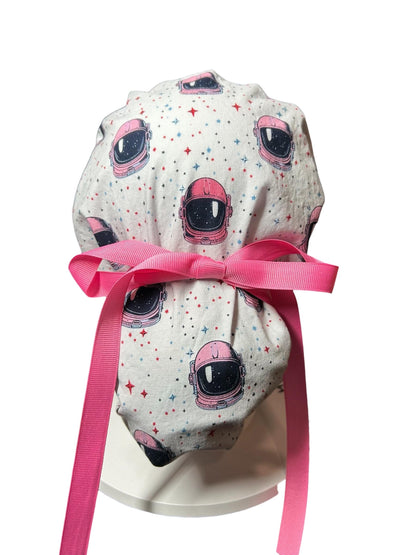 Pink Astronaut scrub cap- cute women’s ponytail scrub hat with ribbon ties and optional satin lining
