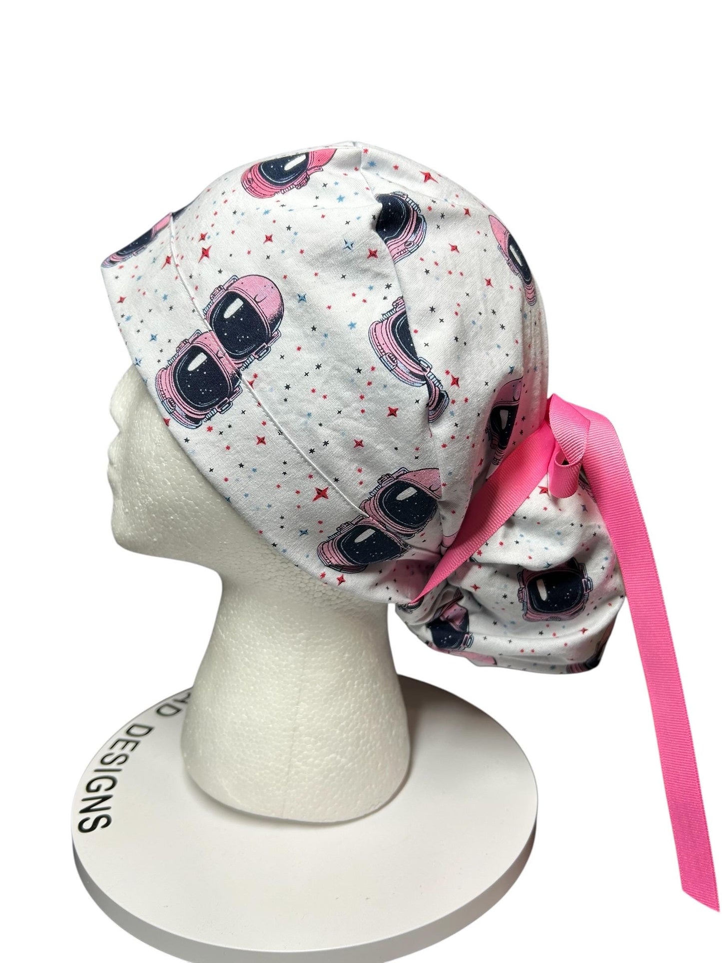 Pink Astronaut scrub cap- cute women’s ponytail scrub hat with ribbon ties and optional satin lining