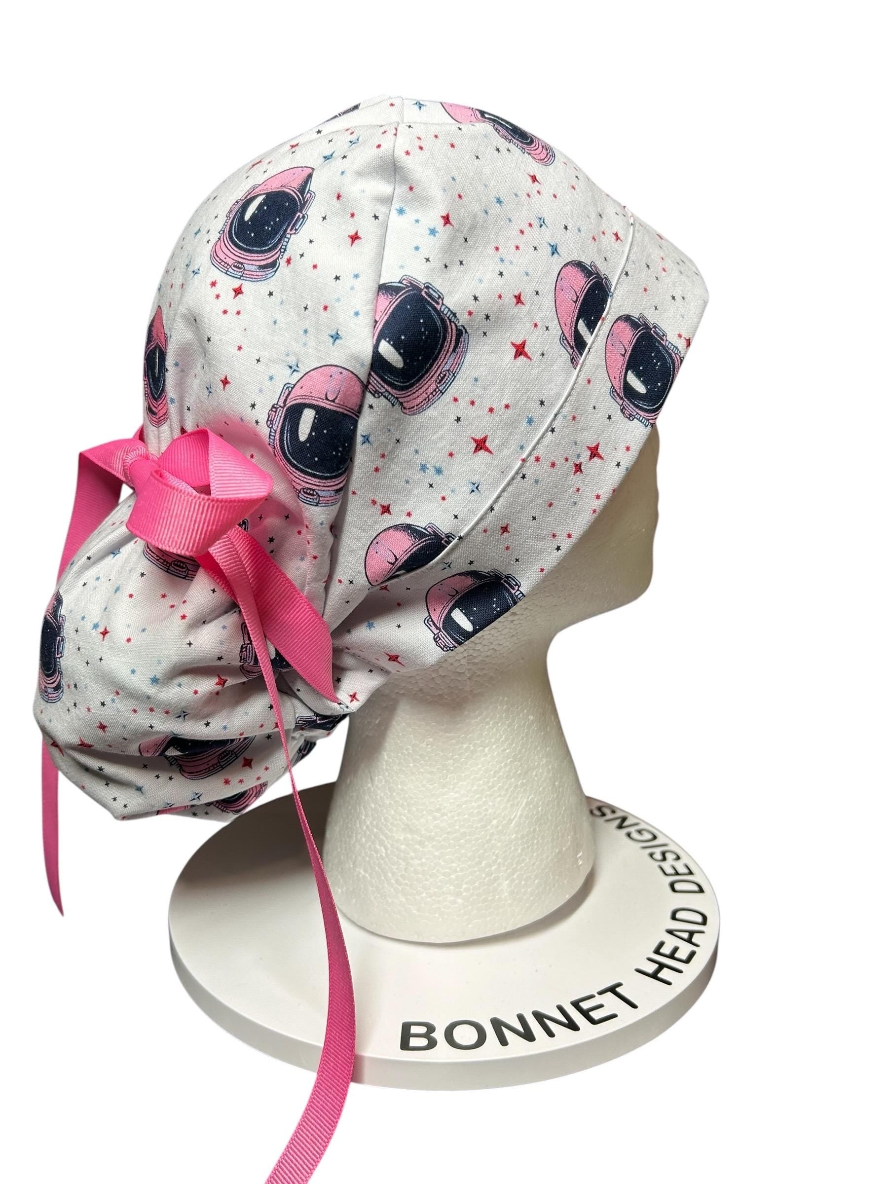 Pink Astronaut scrub cap- cute women’s ponytail scrub hat with ribbon ties and optional satin lining