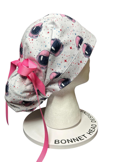 Pink Astronaut scrub cap- cute women’s ponytail scrub hat with ribbon ties and optional satin lining