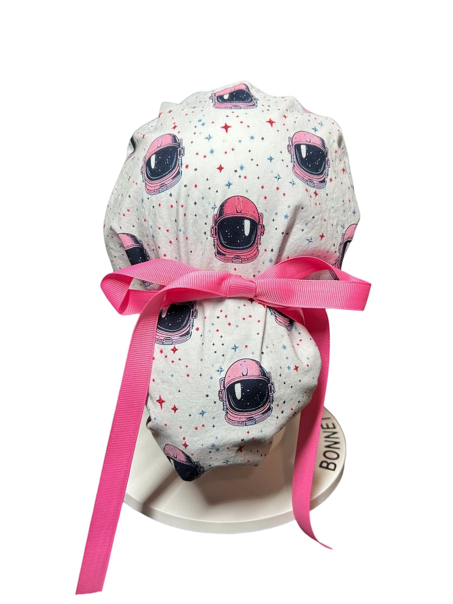 Pink Astronaut scrub cap- cute women’s ponytail scrub hat with ribbon ties and optional satin lining