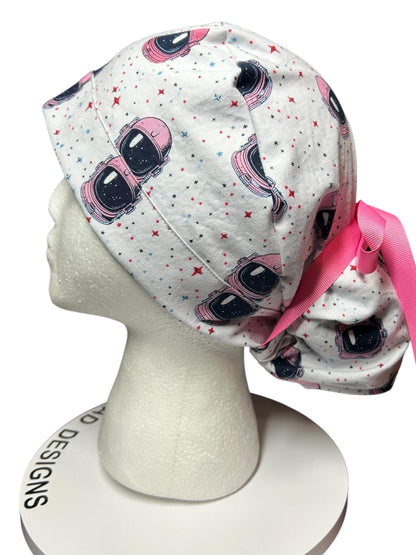 Pink Astronaut scrub cap- cute women’s ponytail scrub hat with ribbon ties and optional satin lining
