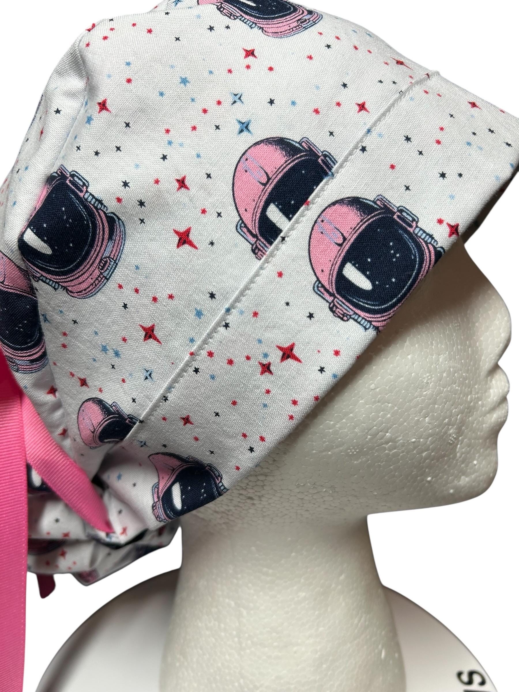 Pink Astronaut scrub cap- cute women’s ponytail scrub hat with ribbon ties and optional satin lining