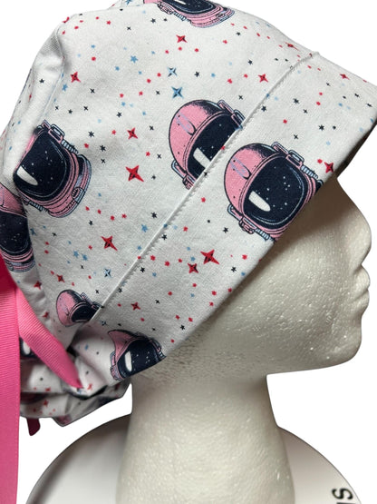 Pink Astronaut scrub cap- cute women’s ponytail scrub hat with ribbon ties and optional satin lining