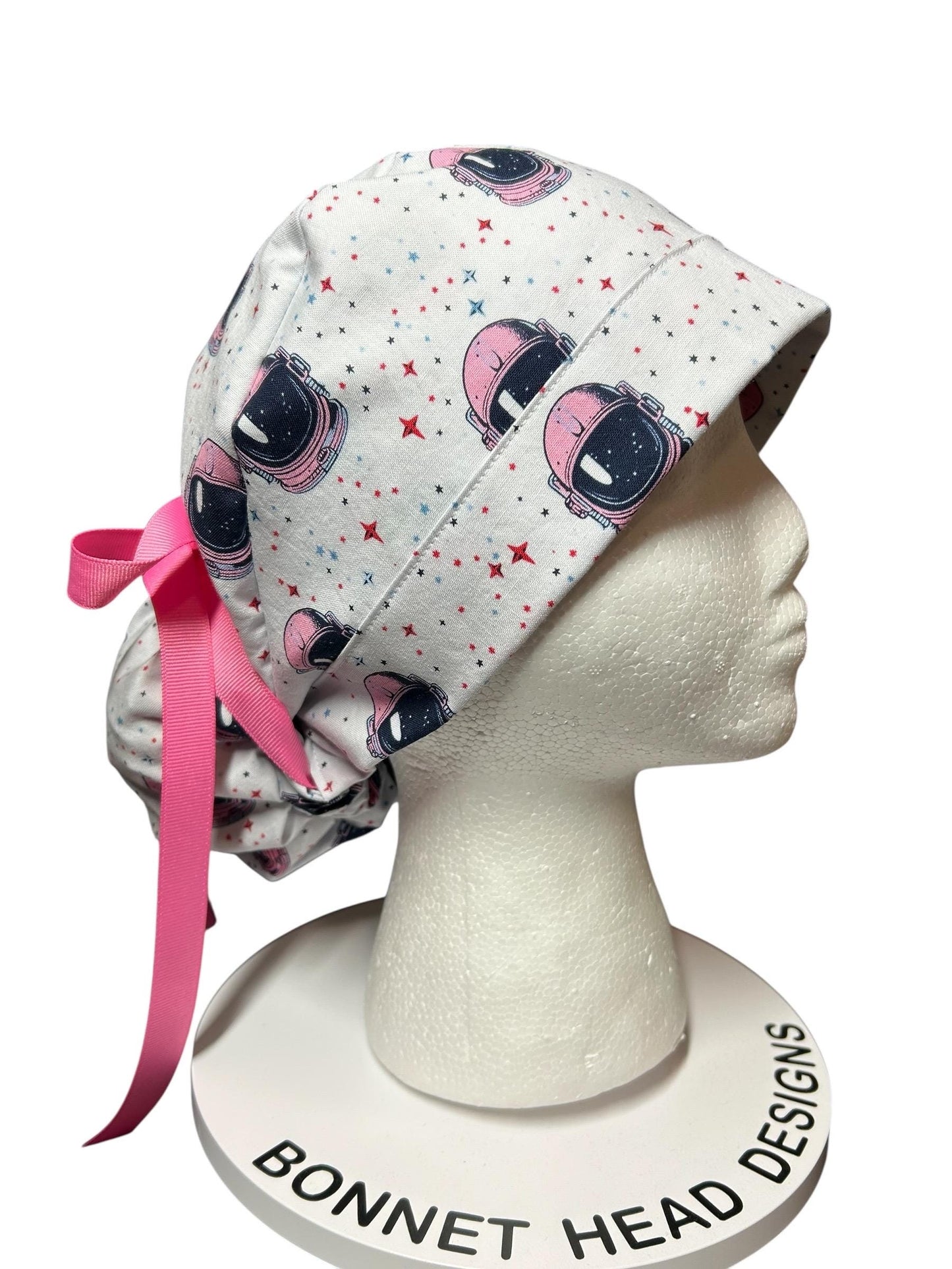 Pink Astronaut scrub cap- cute women’s ponytail scrub hat with ribbon ties and optional satin lining