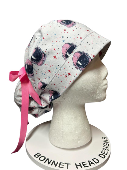 Pink Astronaut scrub cap- cute women’s ponytail scrub hat with ribbon ties and optional satin lining