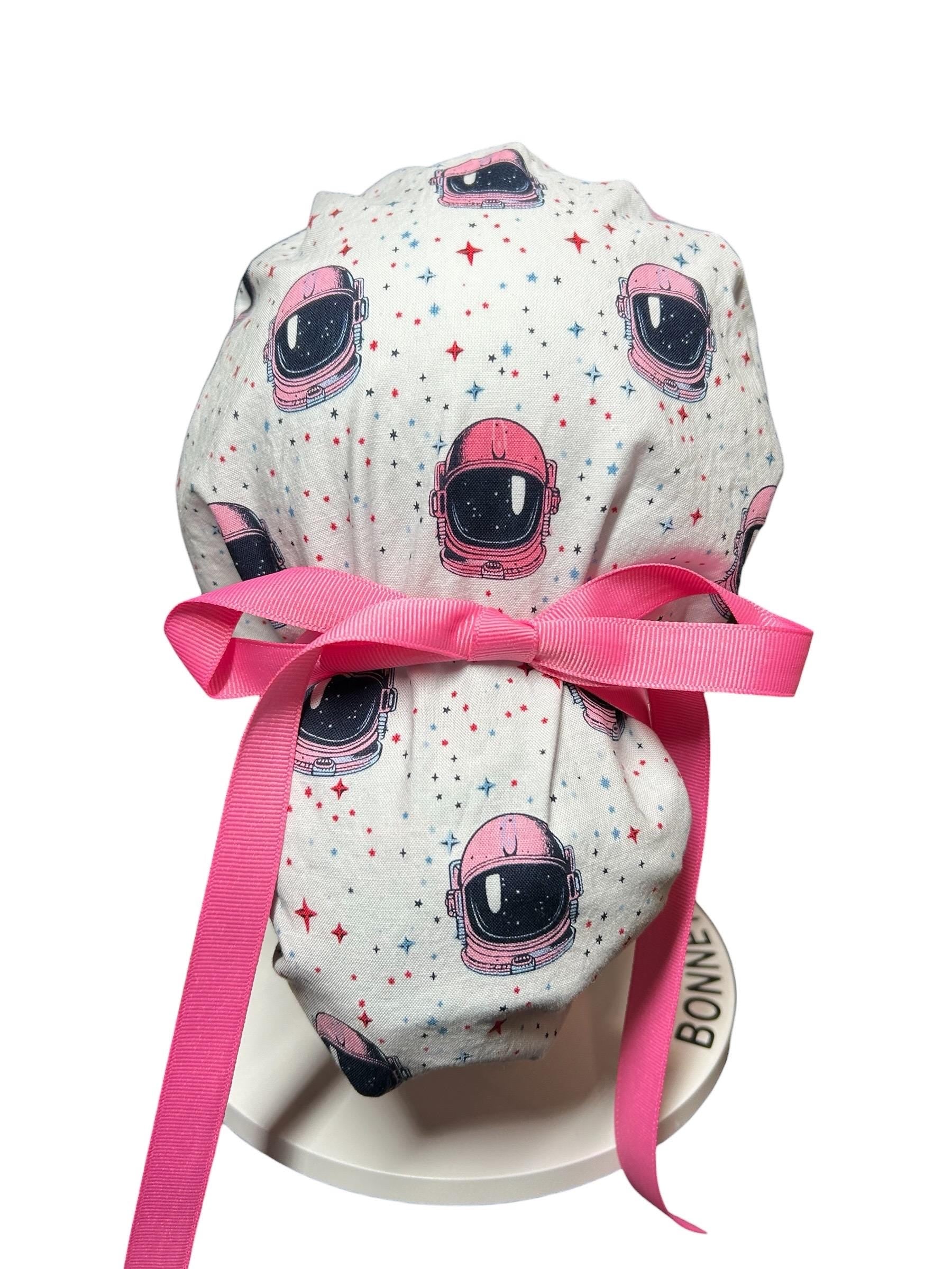 Pink Astronaut scrub cap- cute women’s ponytail scrub hat with ribbon ties and optional satin lining