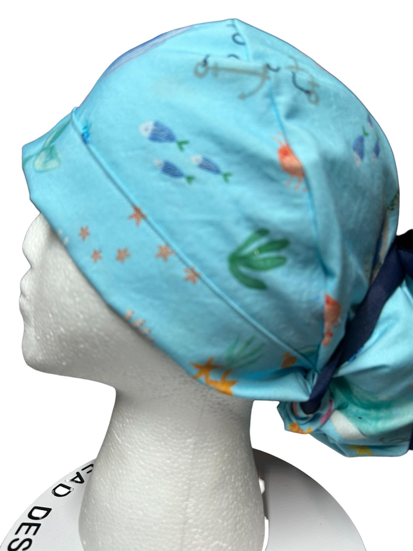 Under the Sea Print Ponytail Scrub Cap: women’s ocean themed scrub hat with ribbon ties