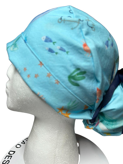 Under the Sea Print Ponytail Scrub Cap: women’s ocean themed scrub hat with ribbon ties
