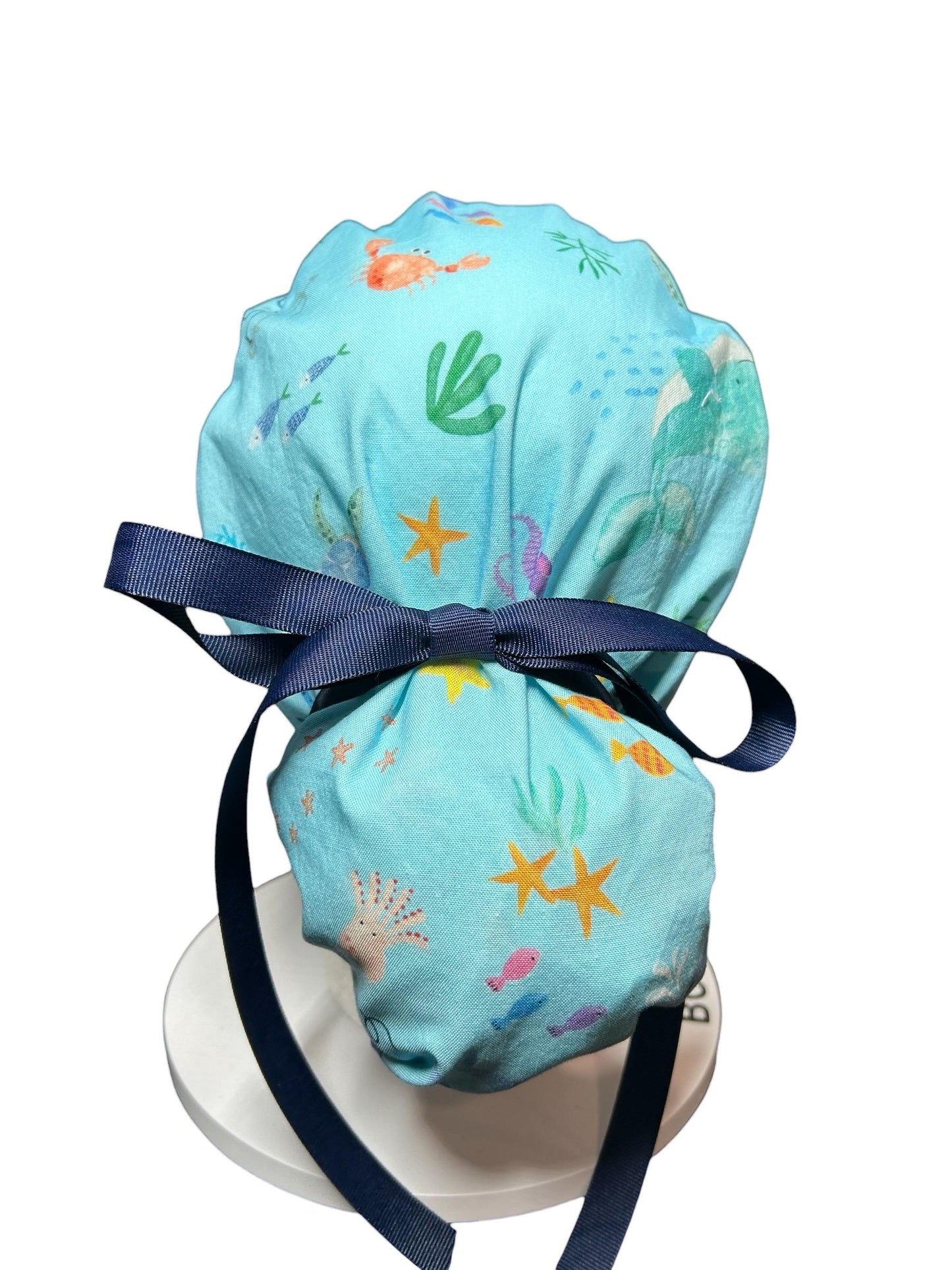 Under the Sea Print Ponytail Scrub Cap: women’s ocean themed scrub hat with ribbon ties