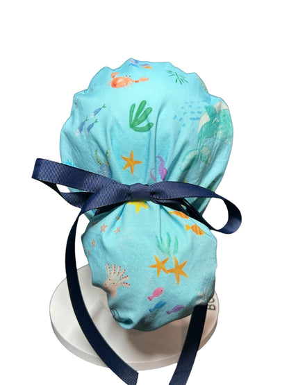 Under the Sea Print Ponytail Scrub Cap: women’s ocean themed scrub hat with ribbon ties