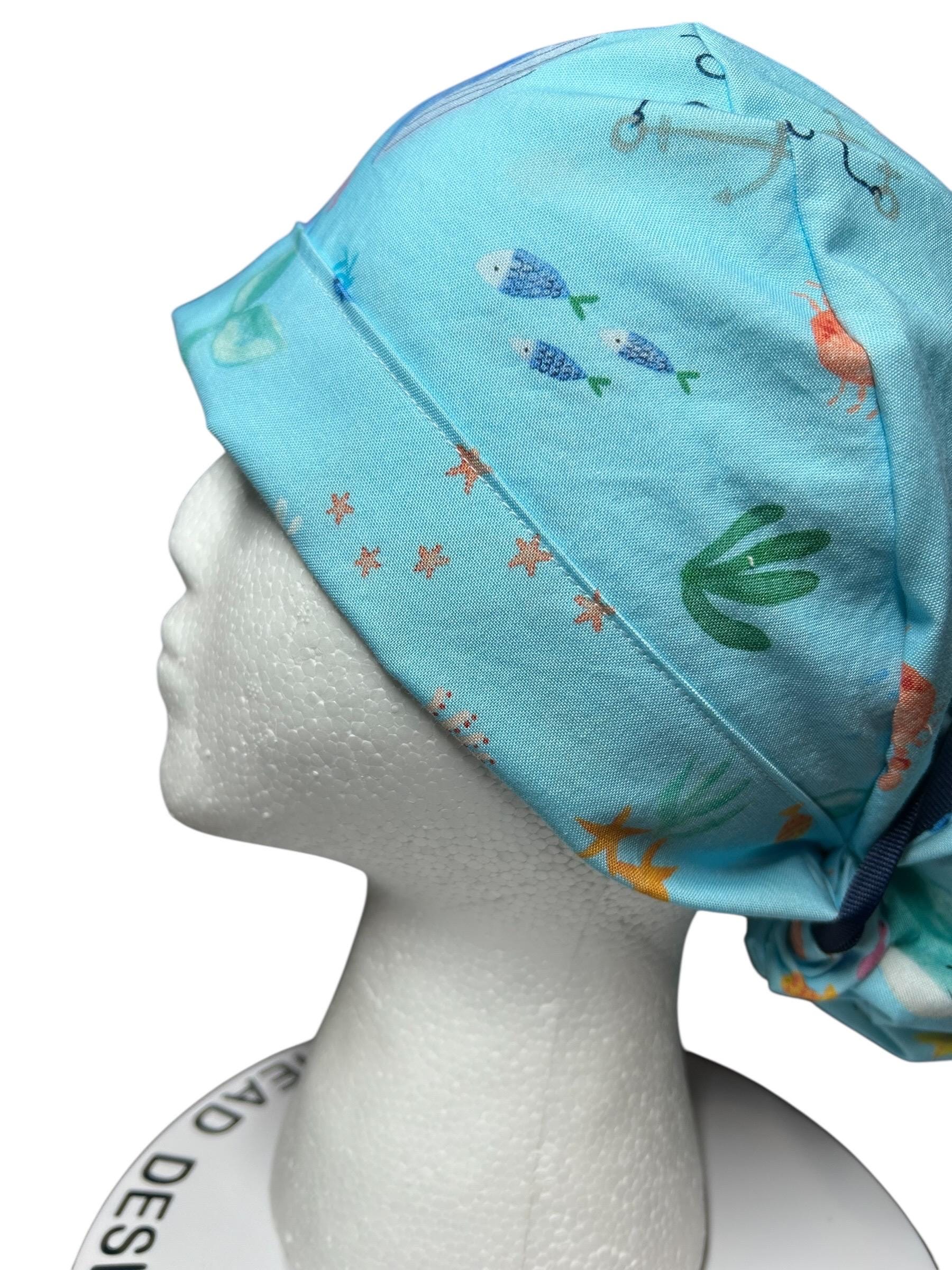 Under the Sea Print Ponytail Scrub Cap: women’s ocean themed scrub hat with ribbon ties