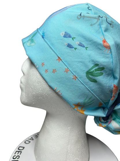 Under the Sea Print Ponytail Scrub Cap: women’s ocean themed scrub hat with ribbon ties