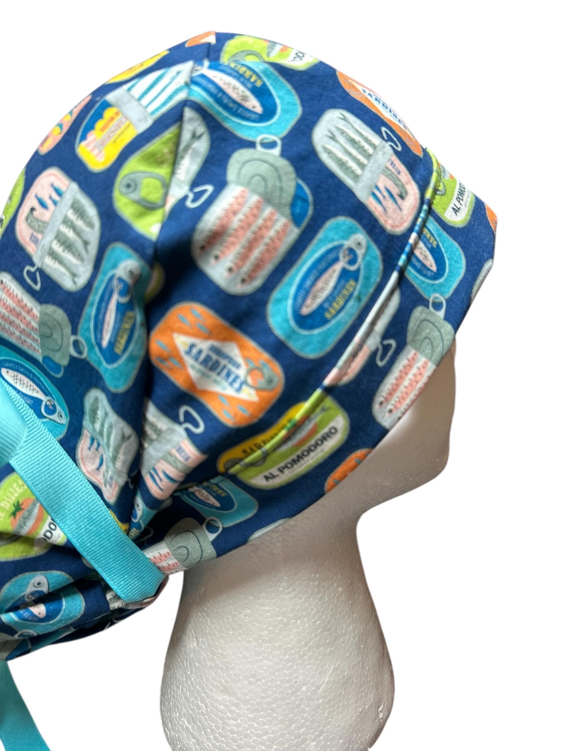 Sardines Print Ponytail Scrub Cap: Ribbon Tie, Adjustable, Optional Satin Lining