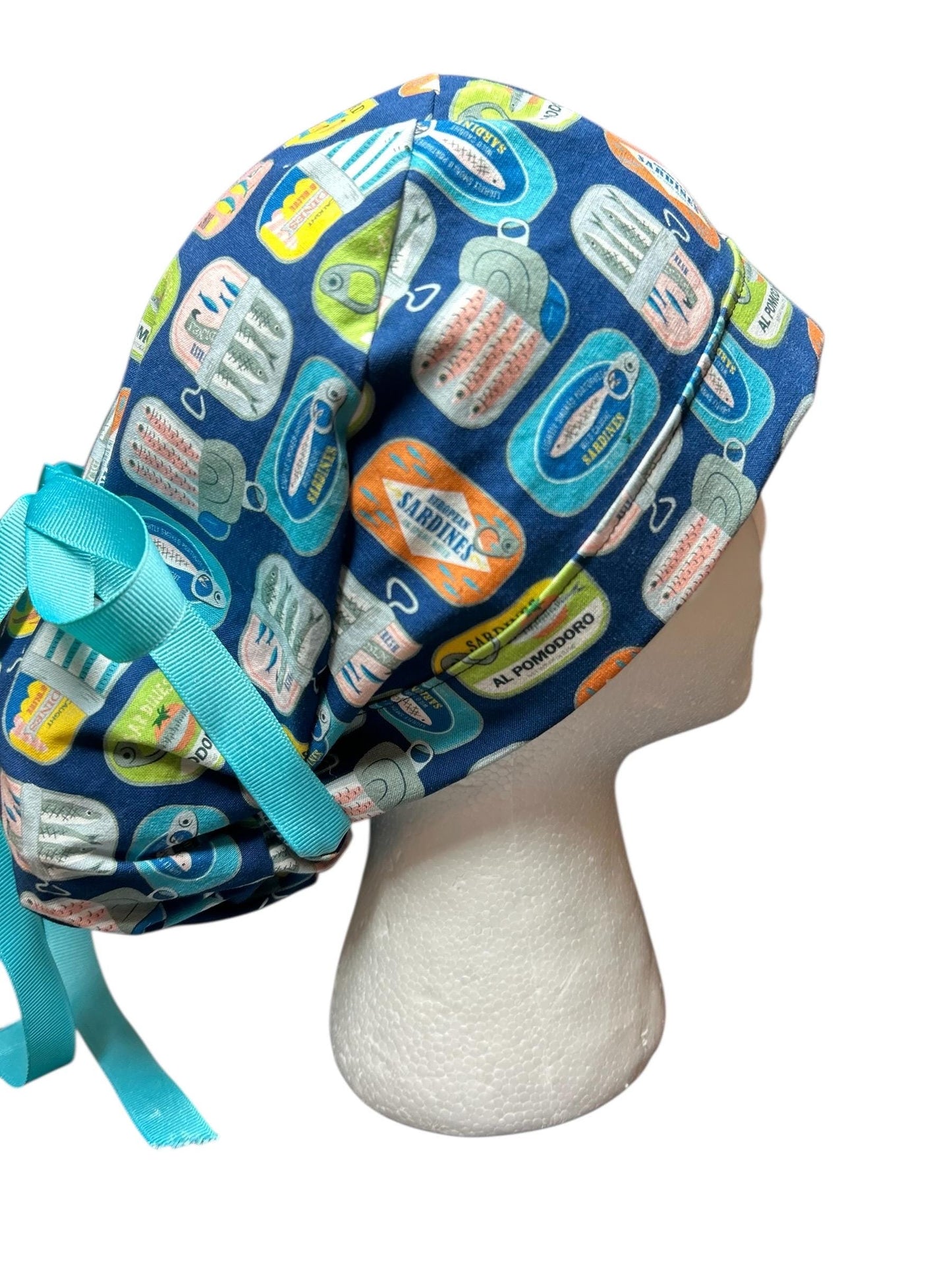 Sardines Print Ponytail Scrub Cap: Ribbon Tie, Adjustable, Optional Satin Lining
