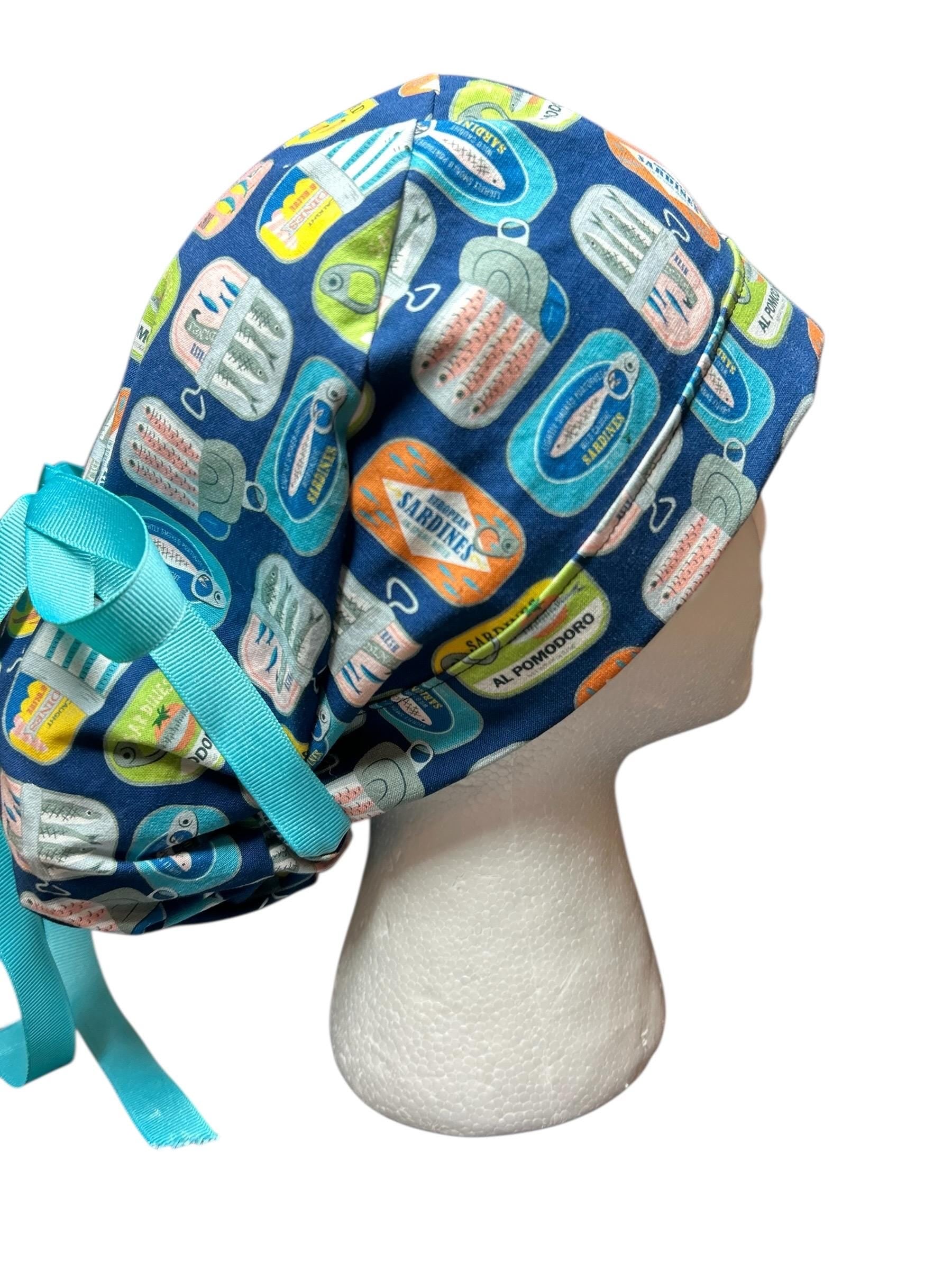 Sardines Print Ponytail Scrub Cap: Ribbon Tie, Adjustable, Optional Satin Lining