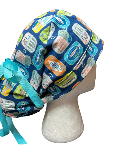 Sardines Print Ponytail Scrub Cap: Ribbon Tie, Adjustable, Optional Satin Lining