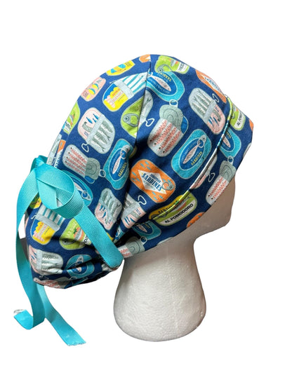 Sardines Print Ponytail Scrub Cap: Ribbon Tie, Adjustable, Optional Satin Lining