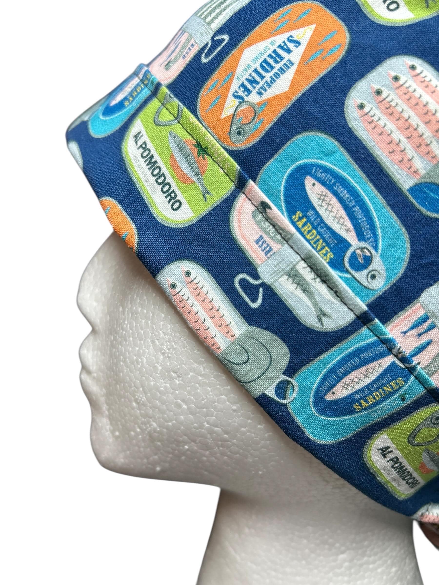 Sardines Print Ponytail Scrub Cap: Ribbon Tie, Adjustable, Optional Satin Lining