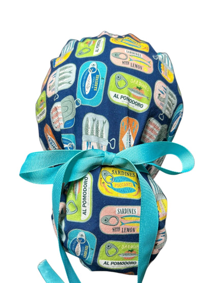 Sardines Print Ponytail Scrub Cap: Ribbon Tie, Adjustable, Optional Satin Lining