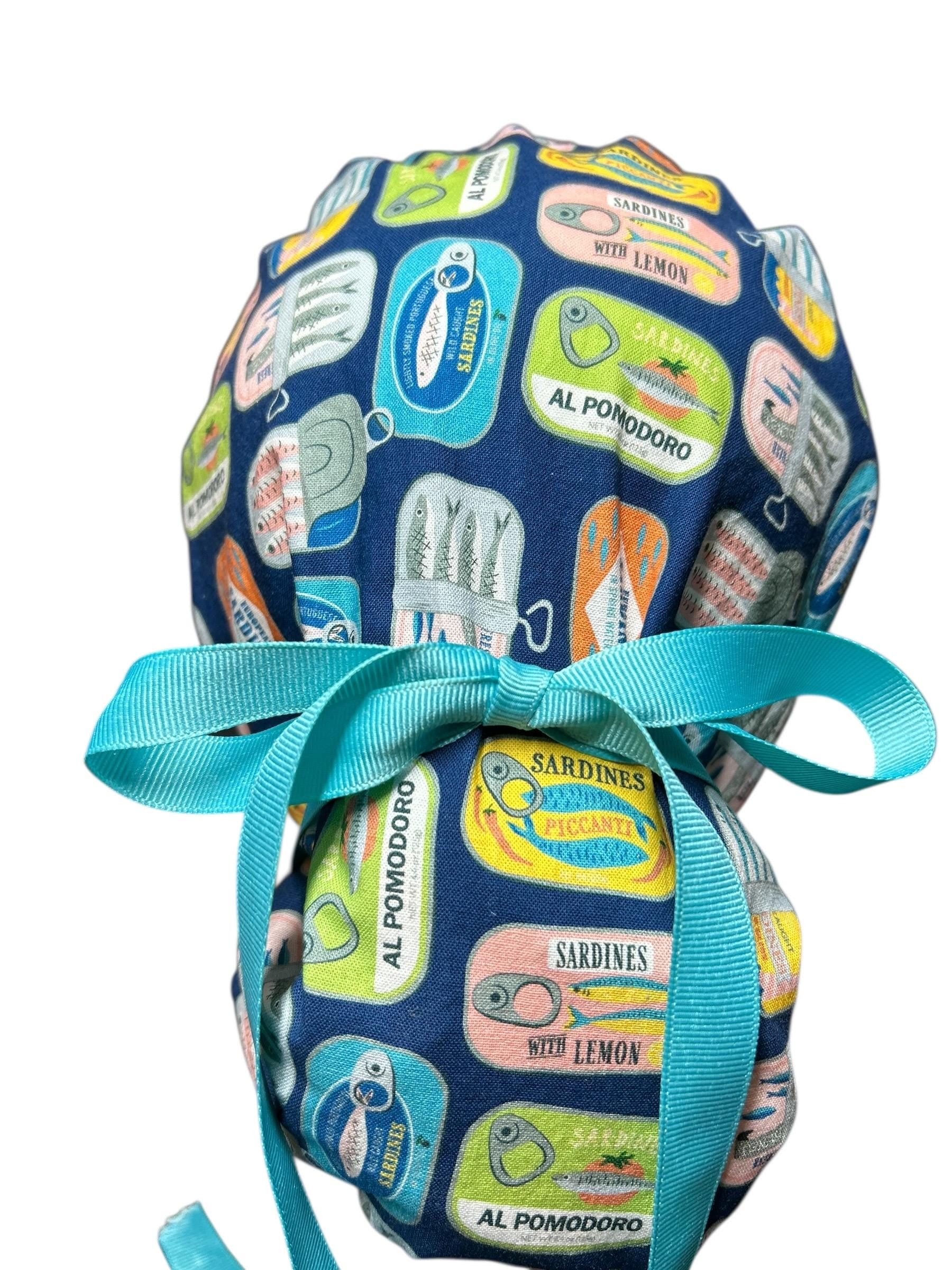 Sardines Print Ponytail Scrub Cap: Ribbon Tie, Adjustable, Optional Satin Lining