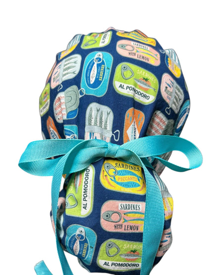 Sardines Print Ponytail Scrub Cap: Ribbon Tie, Adjustable, Optional Satin Lining