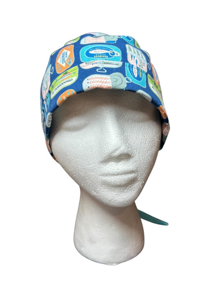 Sardines Print Ponytail Scrub Cap: Ribbon Tie, Adjustable, Optional Satin Lining