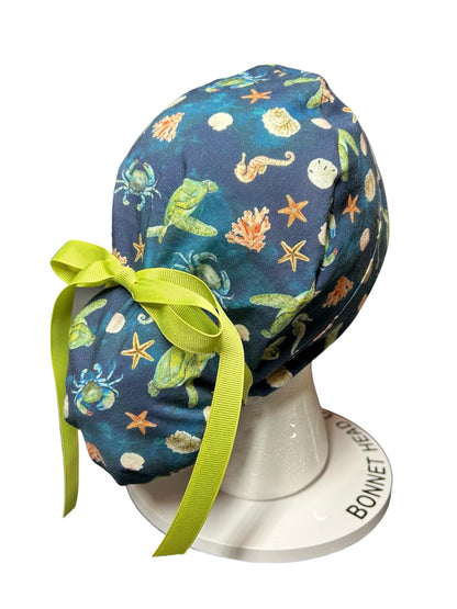 Ocean Print Ponytail Scrub Cap: women’s summer scrub hat with ribbon ties