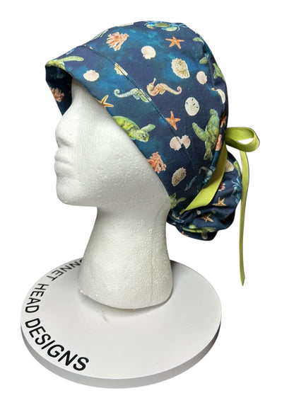 Ocean Print Ponytail Scrub Cap: women’s summer scrub hat with ribbon ties