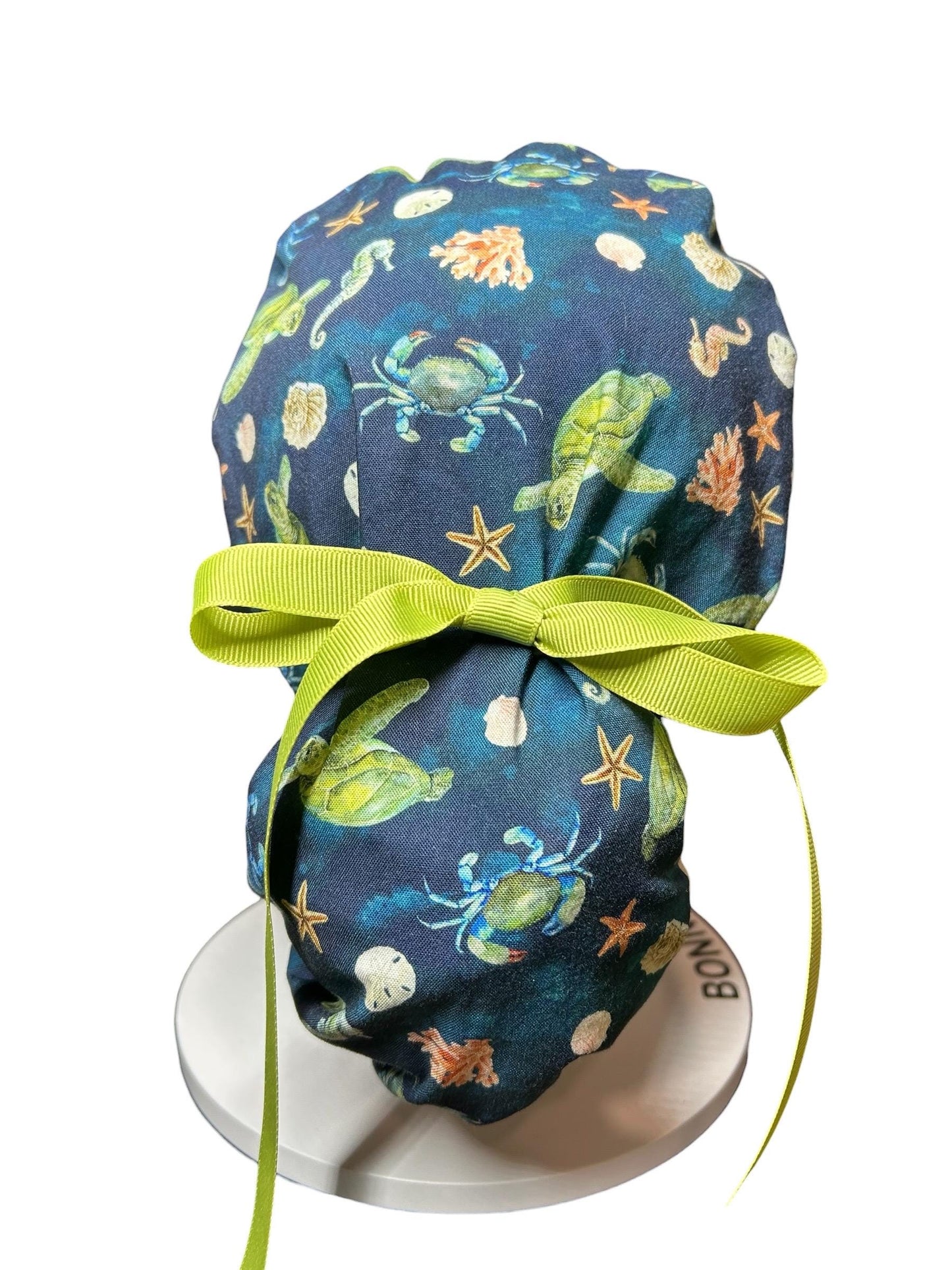 Ocean Print Ponytail Scrub Cap: women’s summer scrub hat with ribbon ties