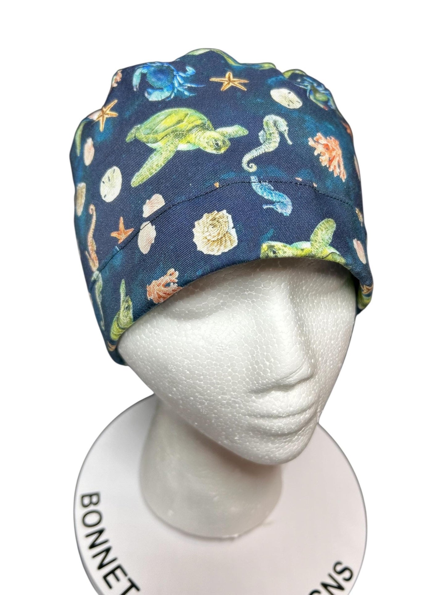 Ocean Print Ponytail Scrub Cap: women’s summer scrub hat with ribbon ties