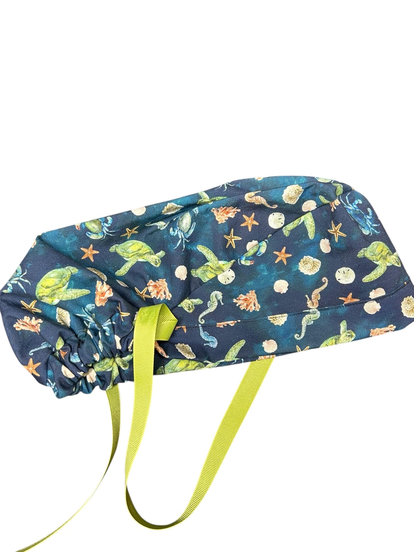 Ocean Print Ponytail Scrub Cap: women’s summer scrub hat with ribbon ties