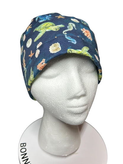 Ocean Print Ponytail Scrub Cap: women’s summer scrub hat with ribbon ties