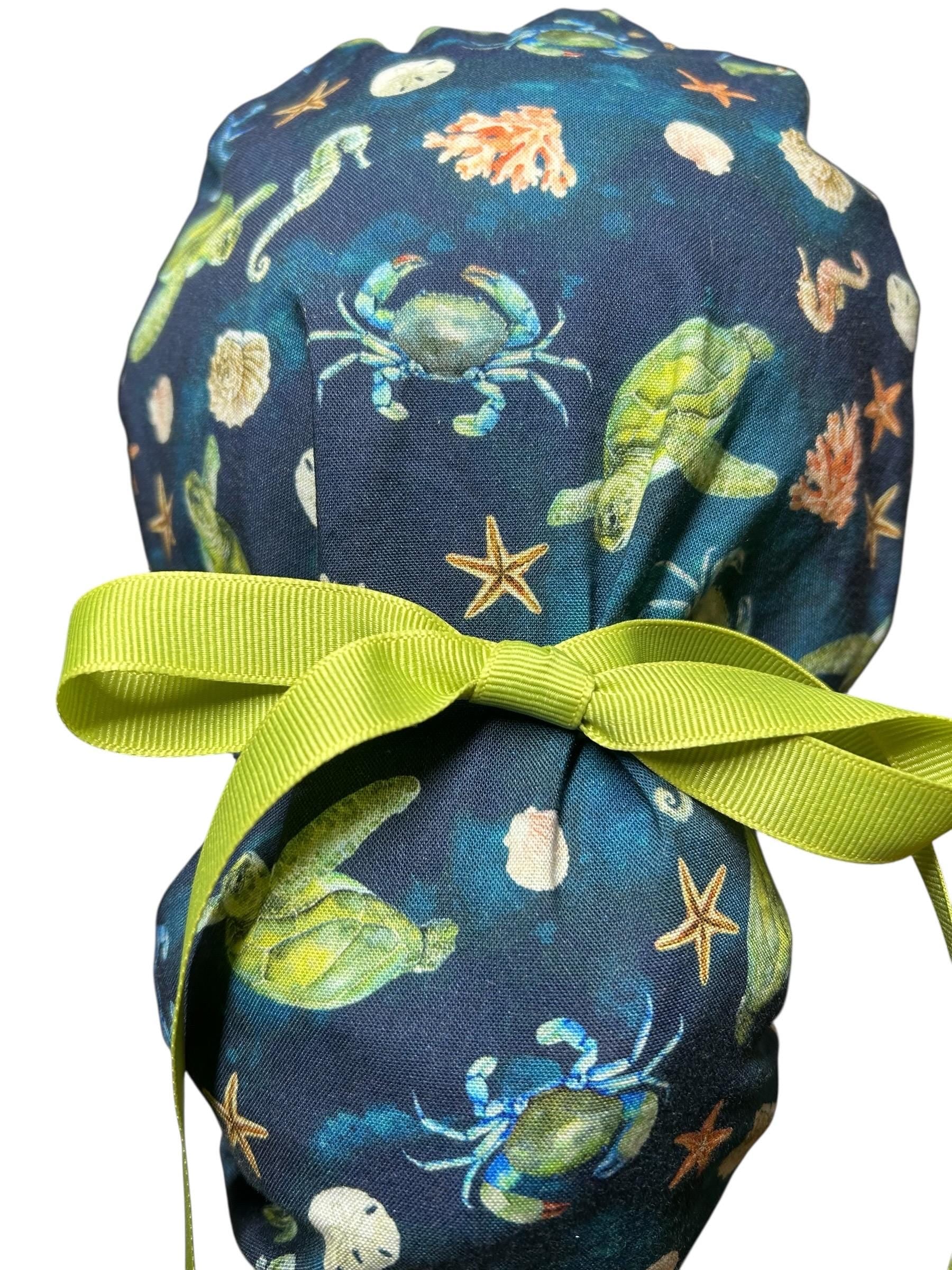 Ocean Print Ponytail Scrub Cap: women’s summer scrub hat with ribbon ties
